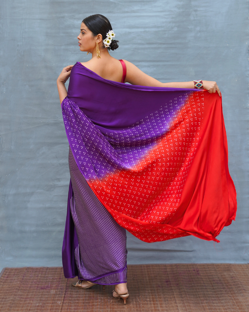 Still Current Purple Handblock Print Modal Silk Saree - Flow