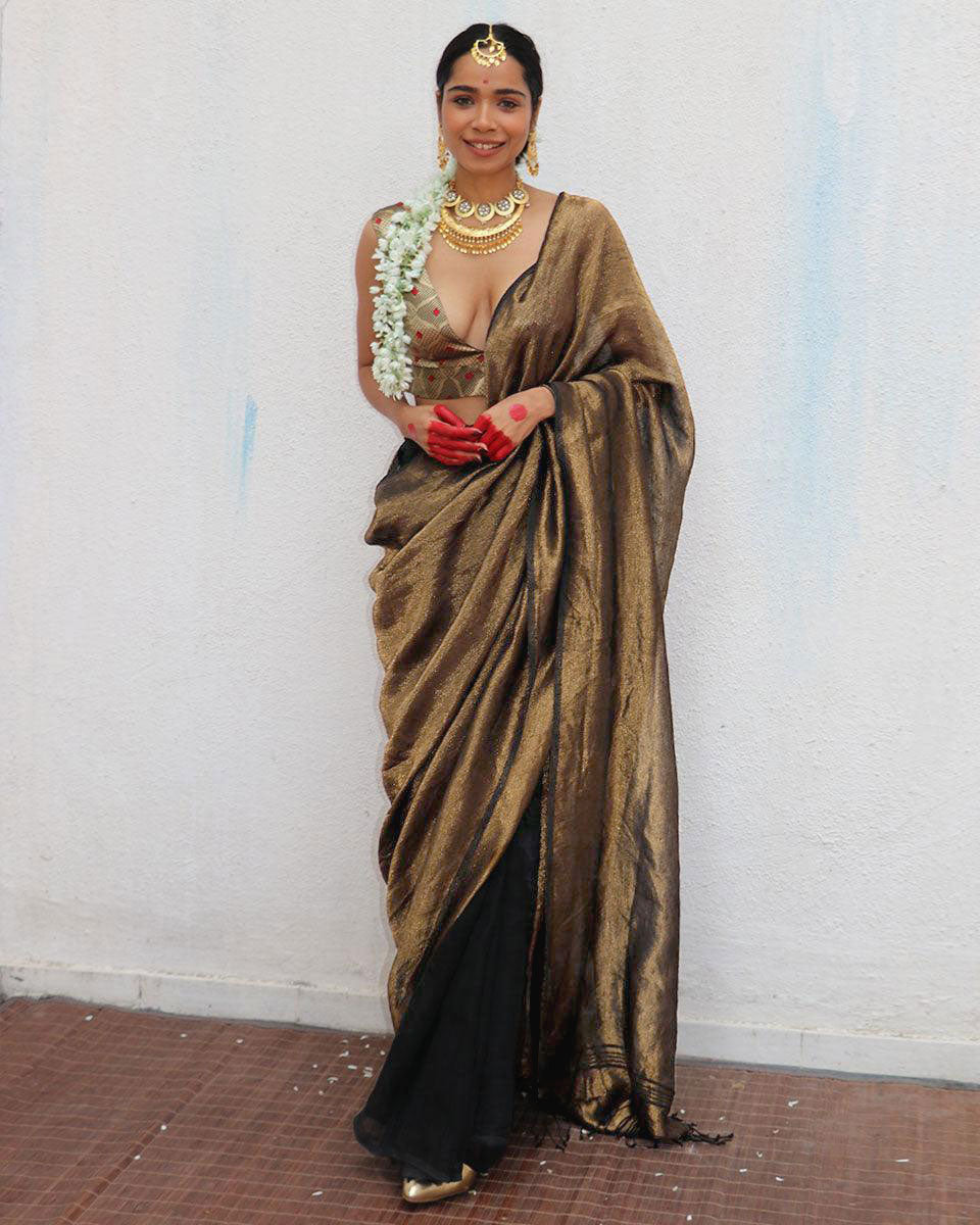 Mrinal Brown Handwoven Linen Zari Saree