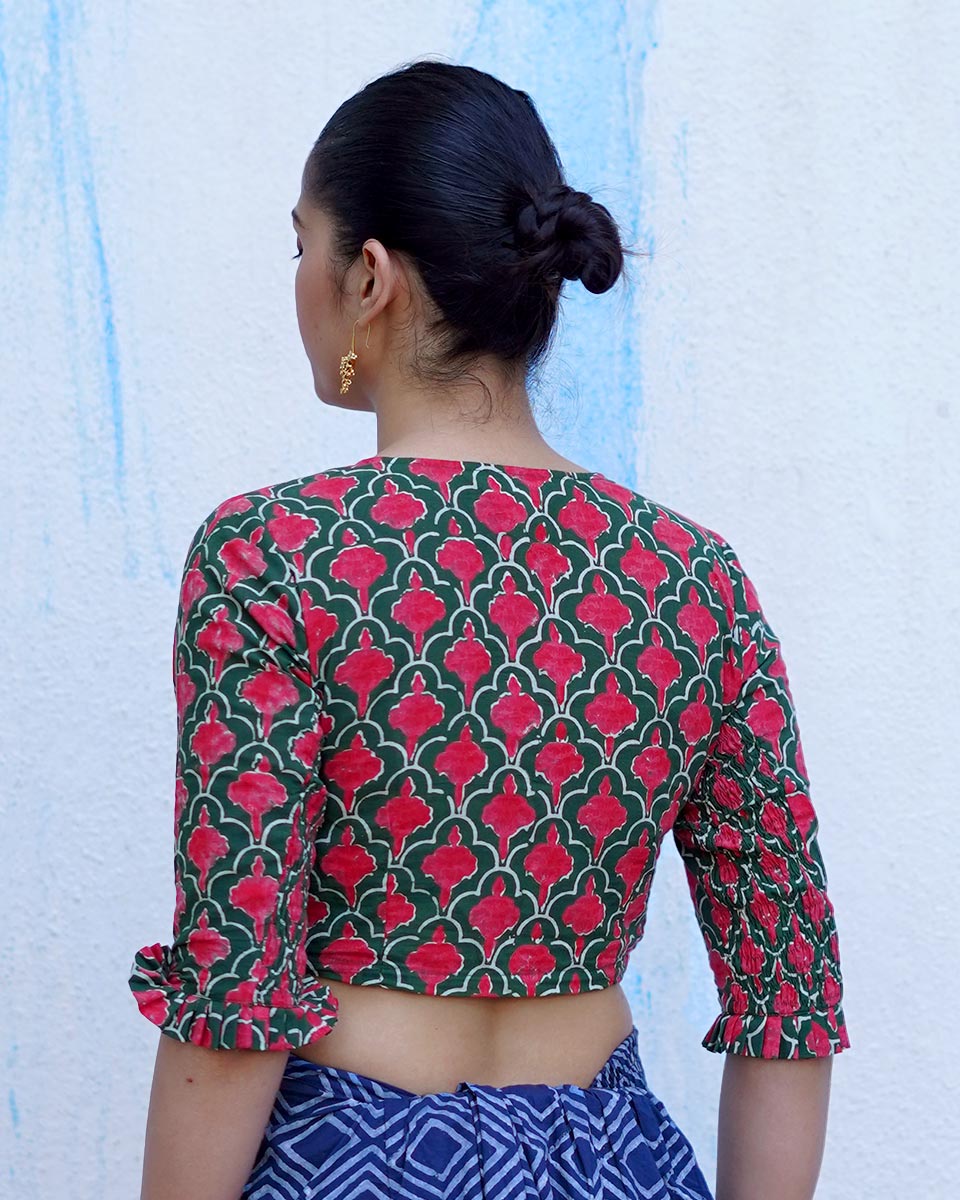 Nowhere To Be Green Hand Block Printed Cotton Blouse - UMT