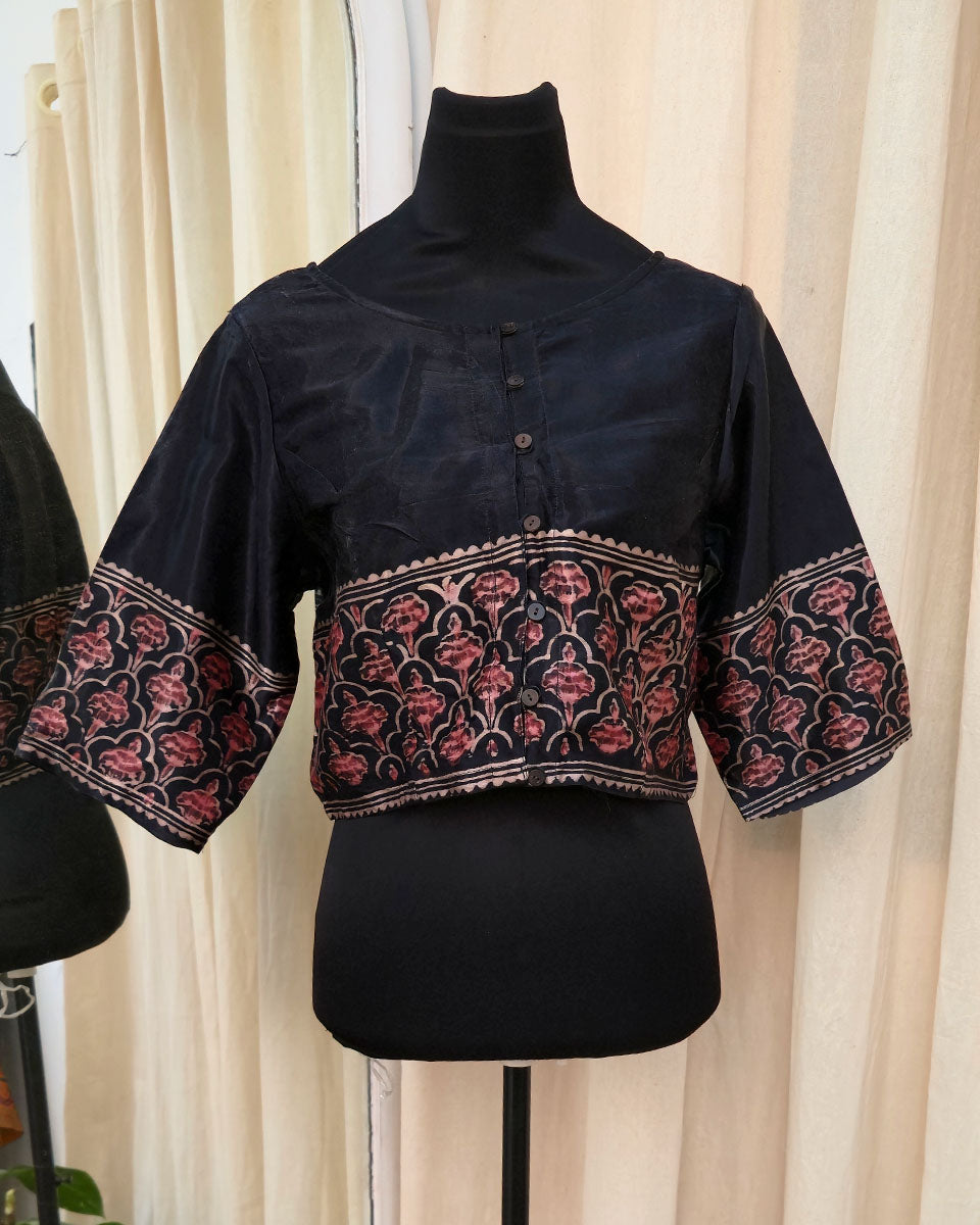 Nysa Black Handblock Printed Silk Blouse - Love Despite