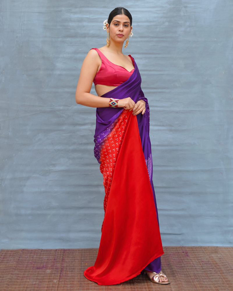 Still Current Purple Handblock Print Modal Silk Saree - Flow
