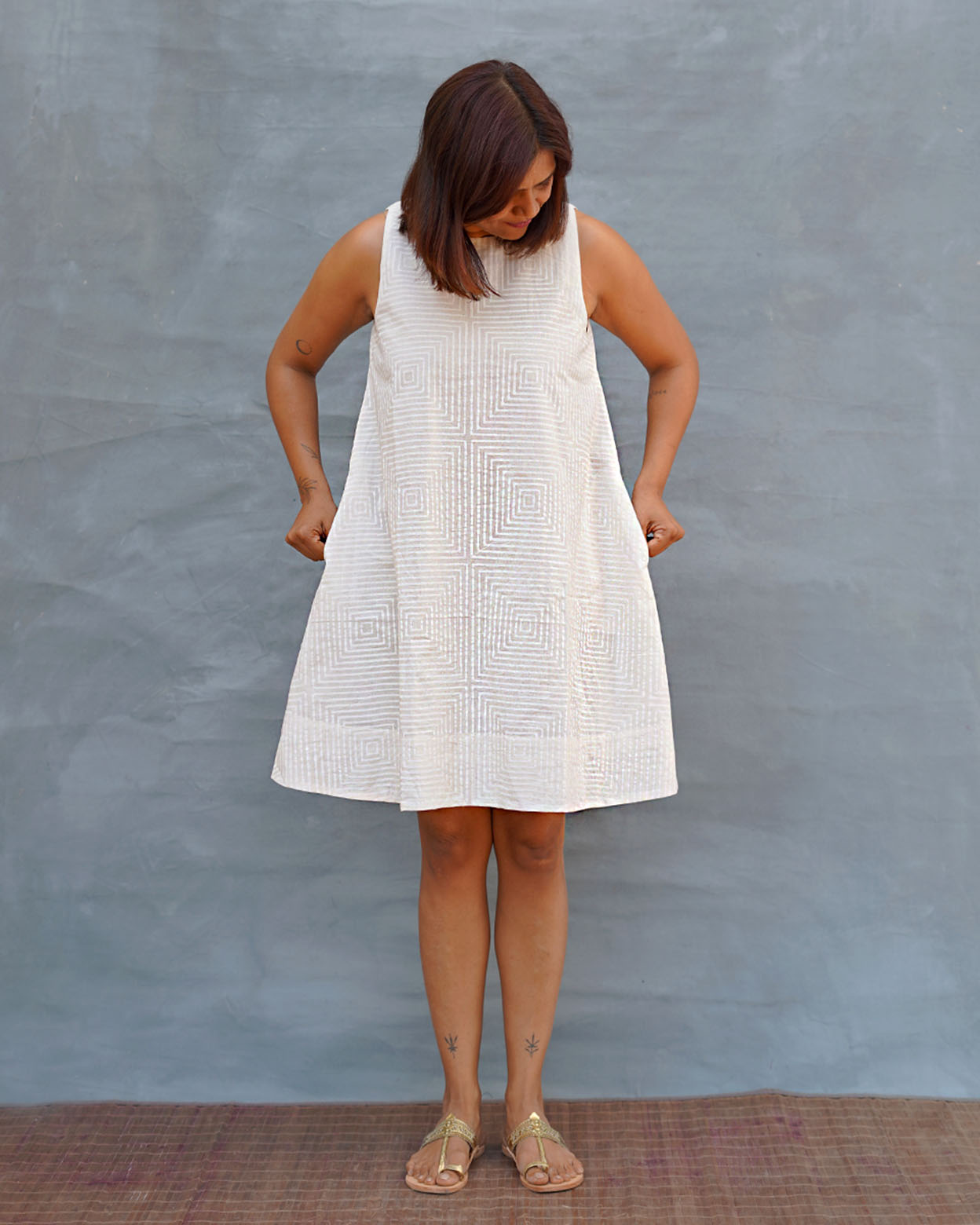 Drifting Away White Handblock Print Cotton Dress - Safed