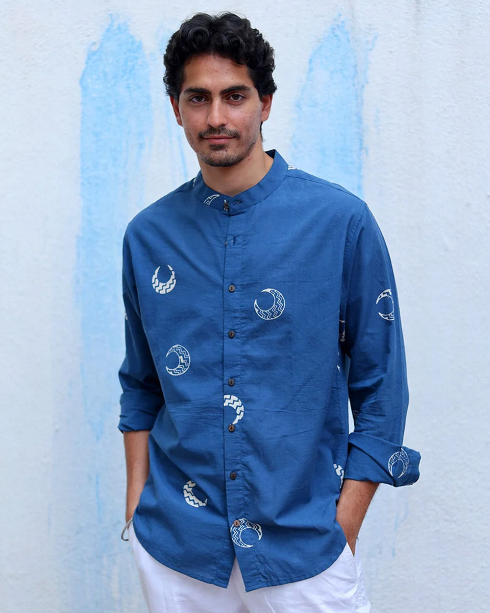 Moh Blue Hand Block Print Cotton Shirt -TOF