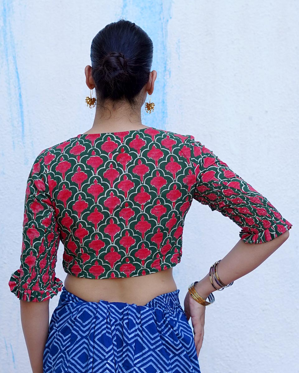 Nowhere To Be Green Hand Block Printed Cotton Blouse - UMT