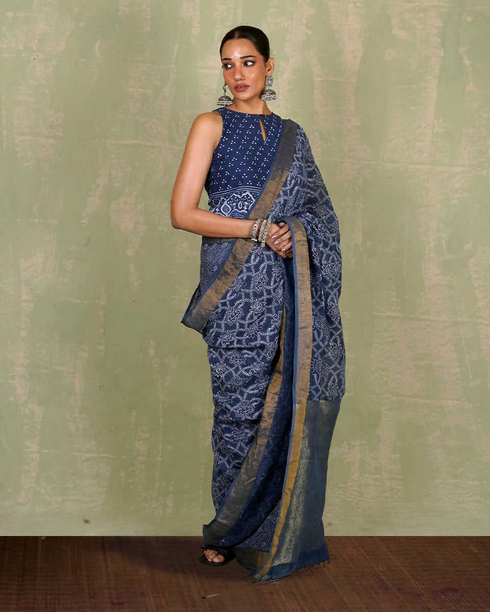 Malavi Blue Handblock Print Linen Saree - INDI