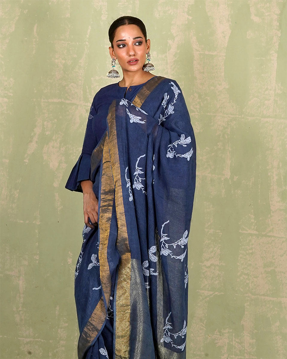 Purva Blue Handblock Print Linen Saree - INDI