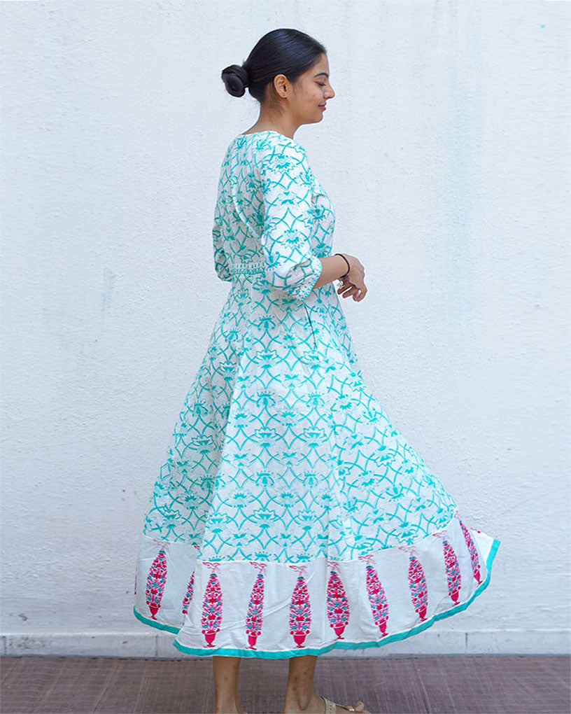 Chamomile’s Calm Teal Green Block Printed Cotton Dress - MMG