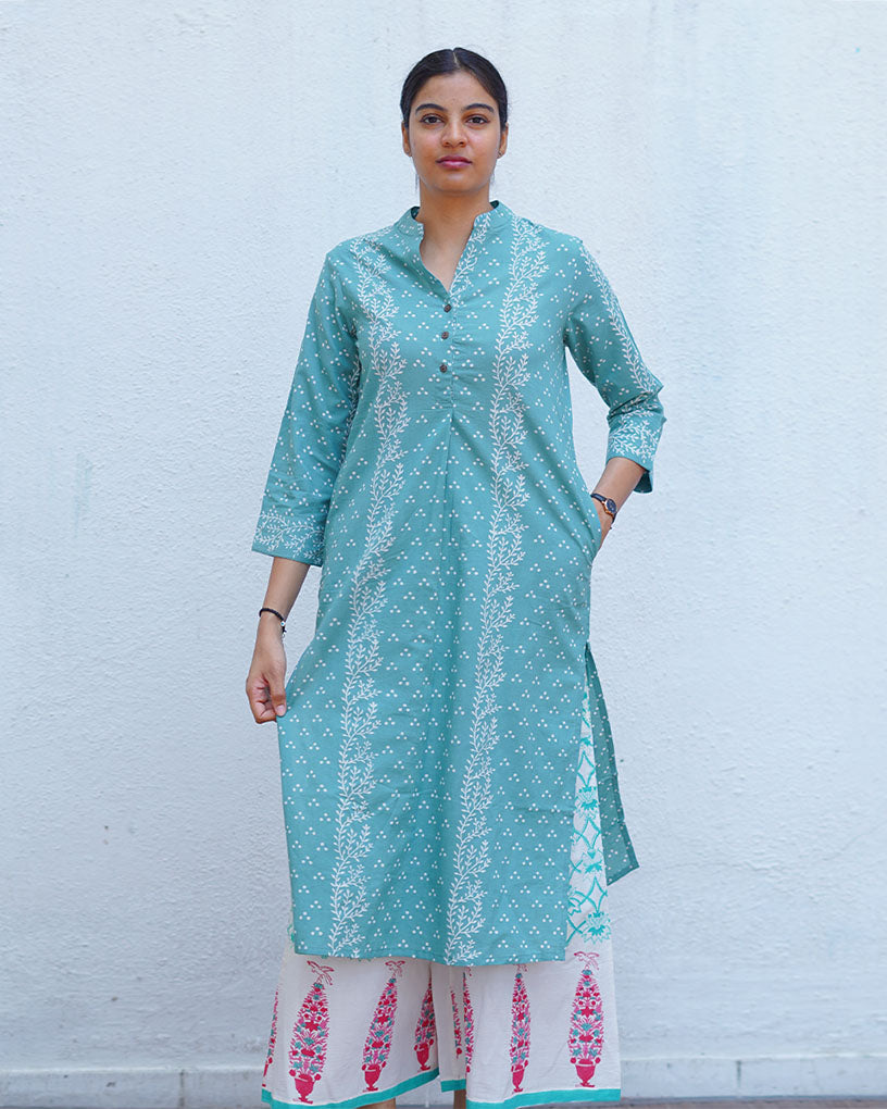 Bliss of Baby’s Breath Teal Green Block Printed Kurti - MMG