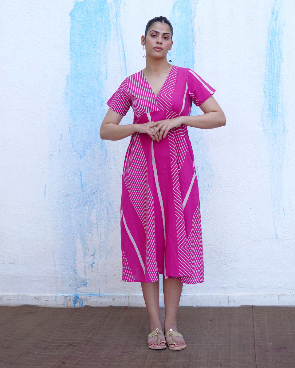 Bulbul Pink Handblock Print Cotton Dress - BFG