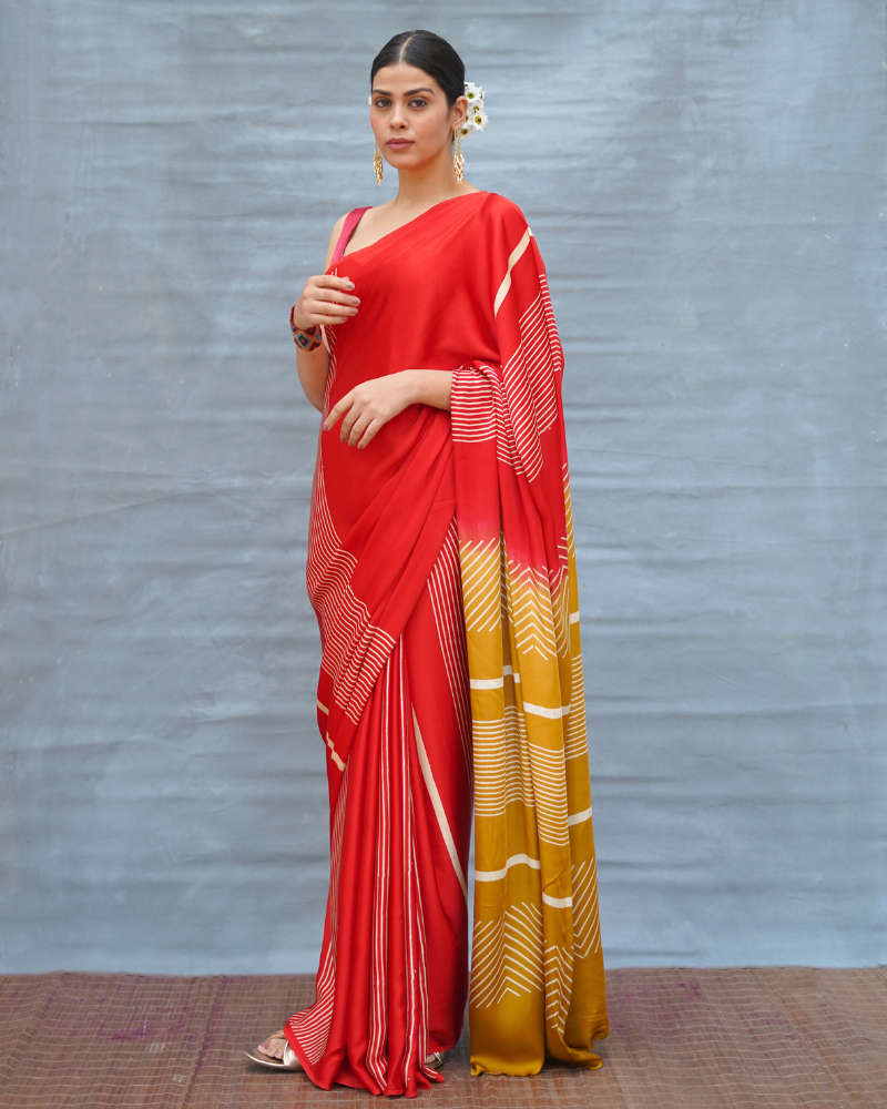 Gentle Fall Red Handblock Print Modal Silk Saree - Flow