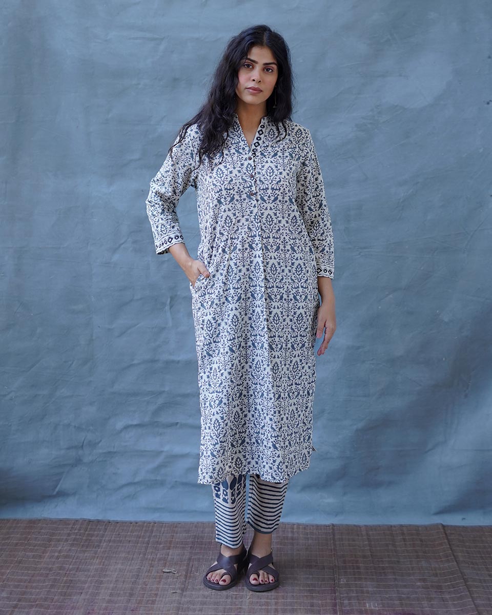Monsoon Sea Grey Block Printed Cotton Kurti - BMS