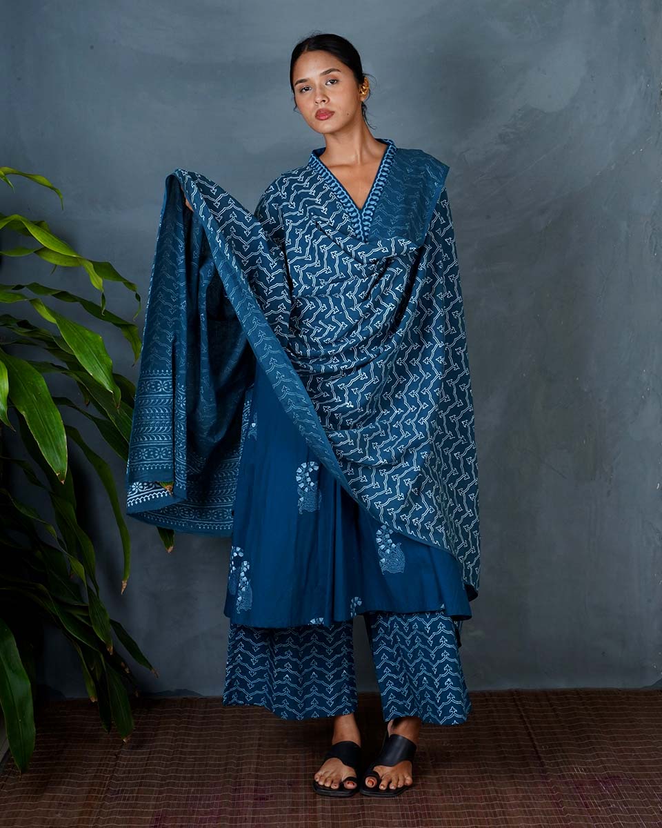 Shyama Teal Green Hand Block Printed Dupatta-MYA