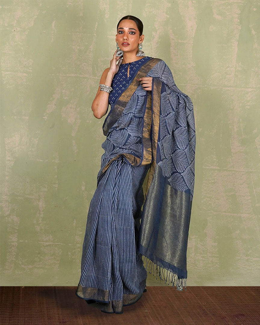 Malhari Blue Handblock Print Linen Saree - INDI