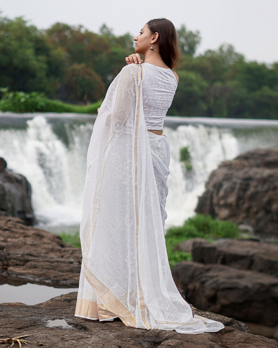 Milk Glass Kota Doria Ivory Block Printed Saree - SFD