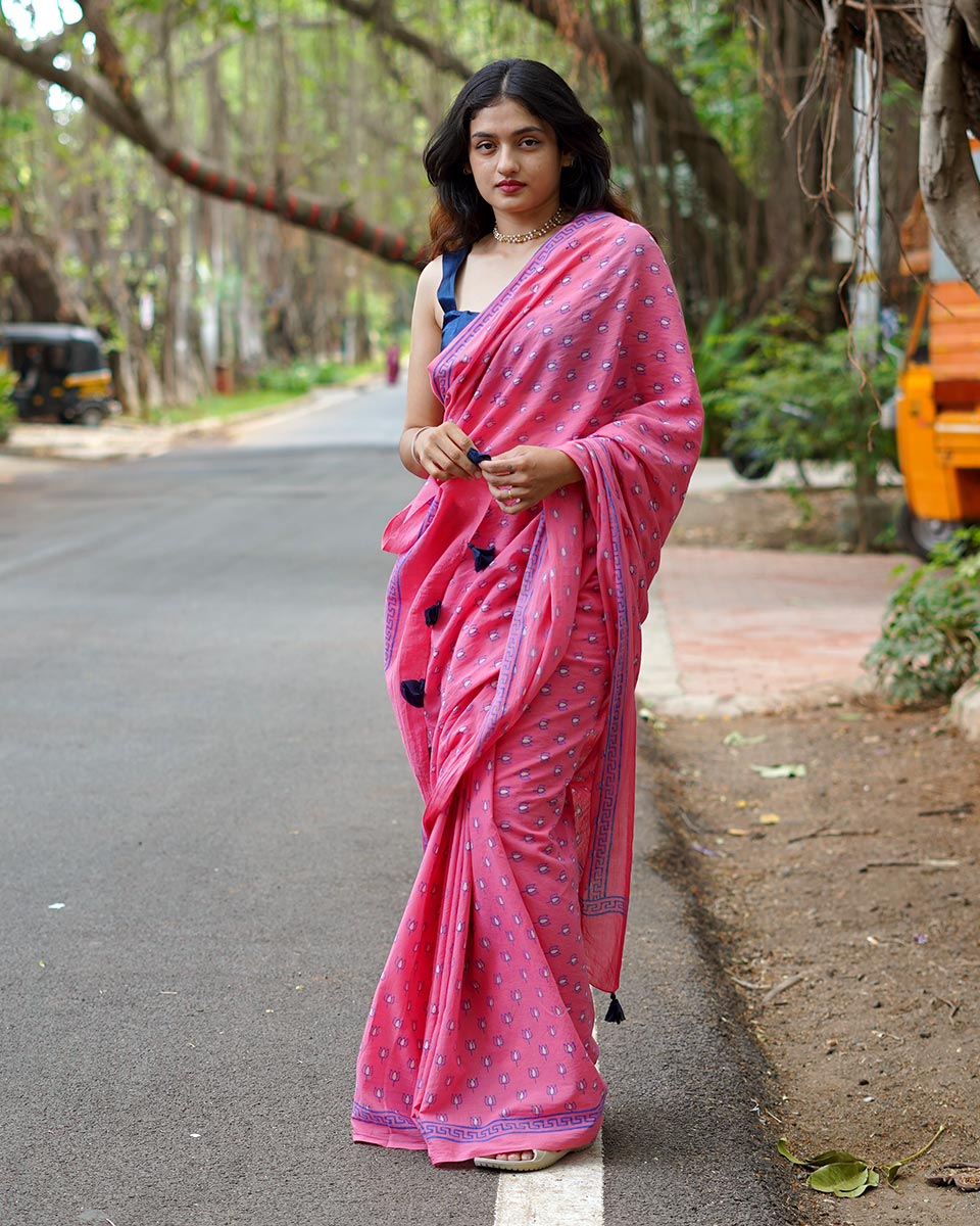 Rose Rabdi Pink Handblock Print Cotton Saree - PBC