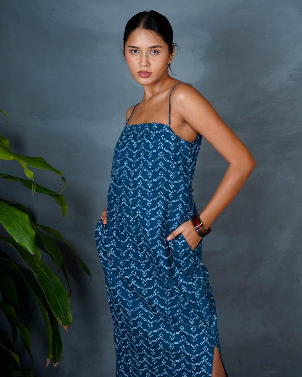 Anaya Teal Green Hand Block Printed Dress-MYA