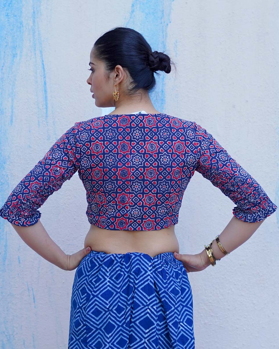Carefree Hours Indigo Blue Hand Block Printed Cotton Blouse - UMT