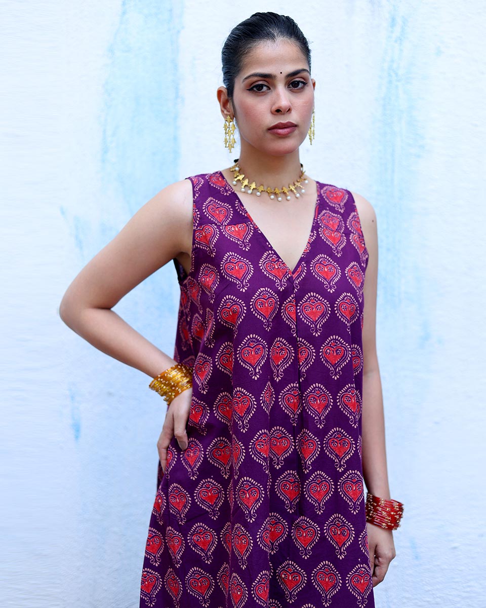 Jugnu Purple Handblock Print Cotton Dress - RSH