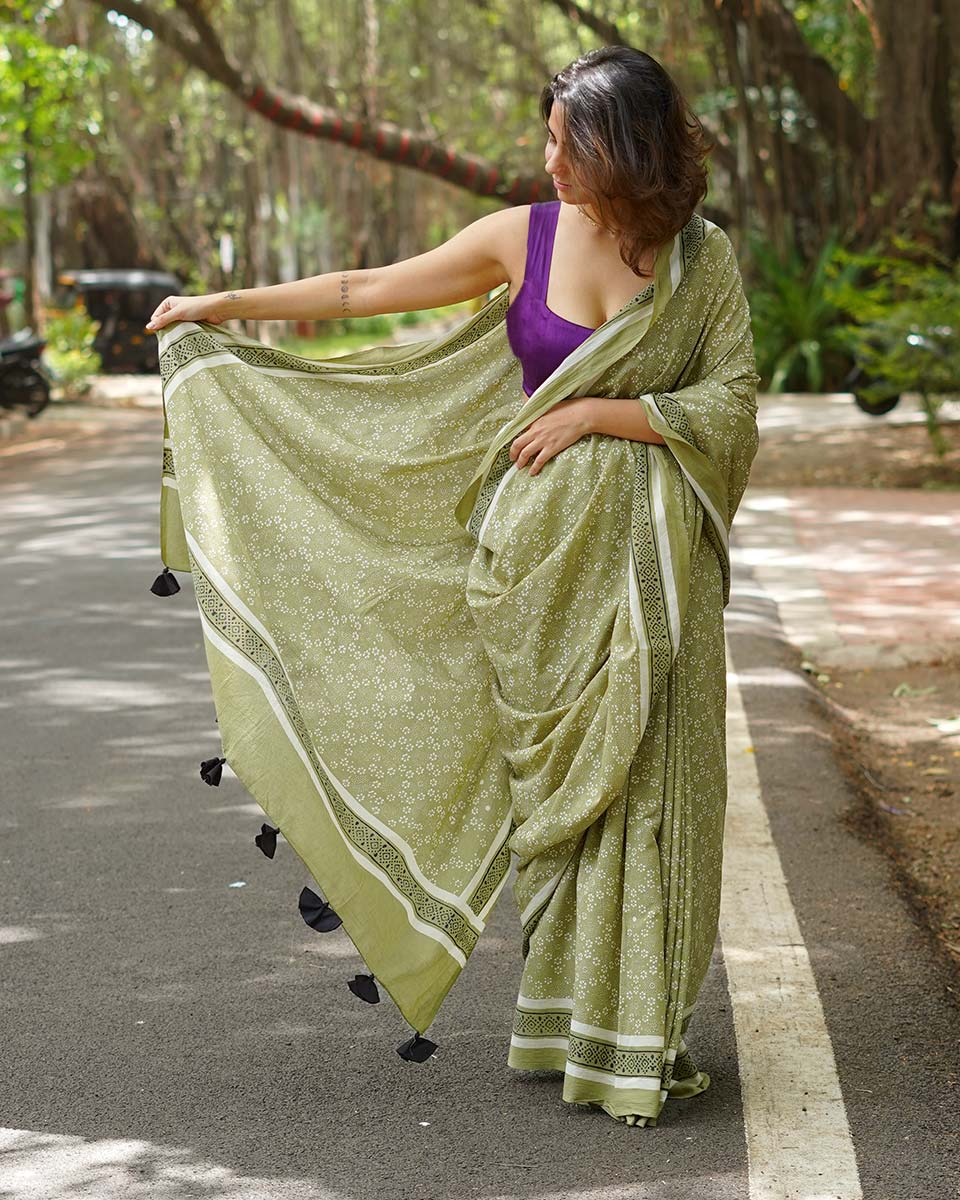 Kesar Phirni Olive Green Handblock Print Cotton Saree - PBC