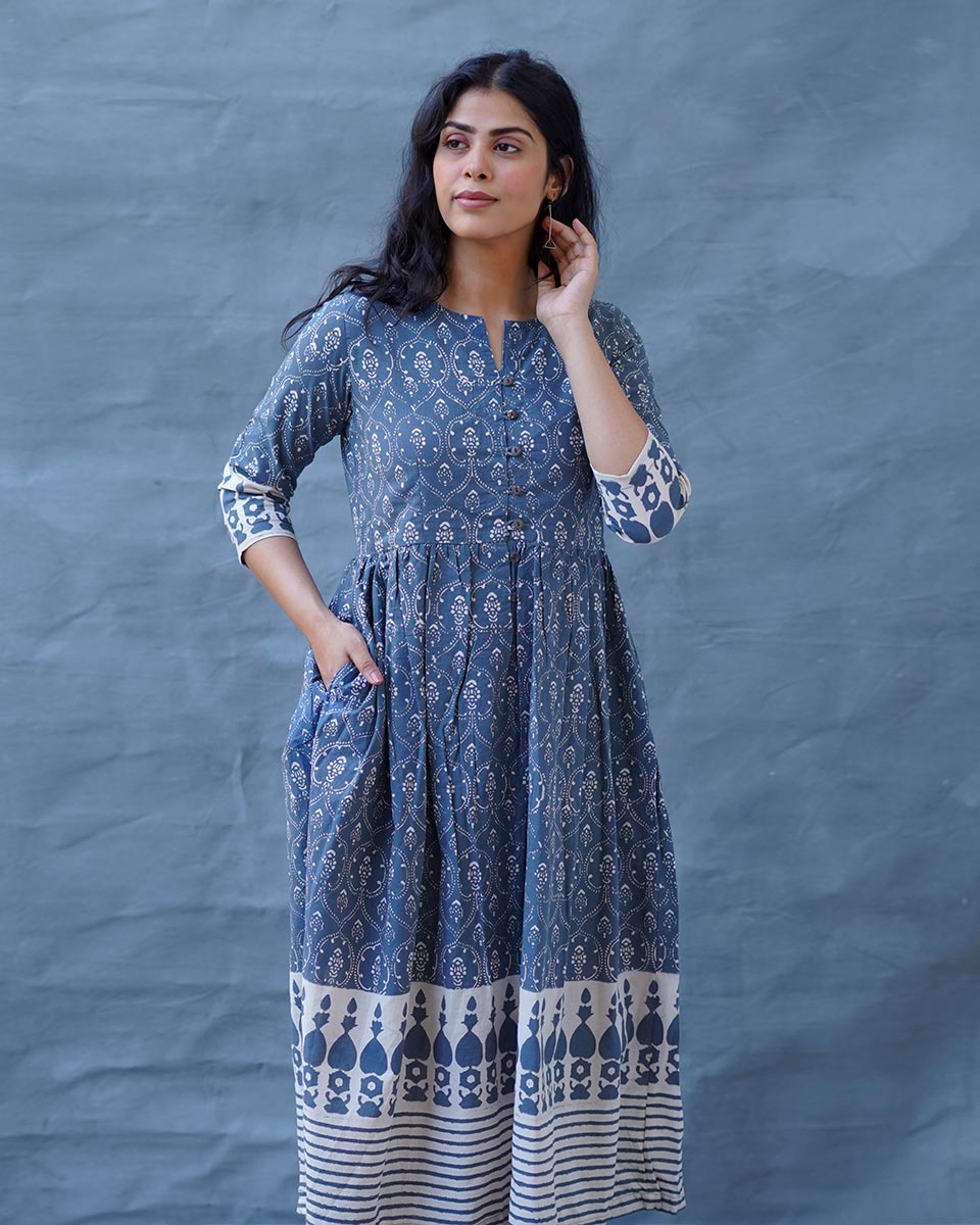Hollow Dusk Grey Block Printed Kurta Set - BMS