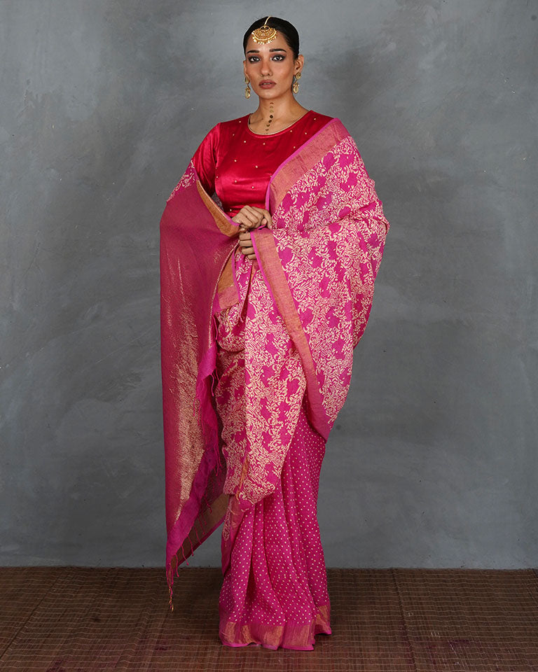 Fiza Pink Handblock Linen Saree - TARA
