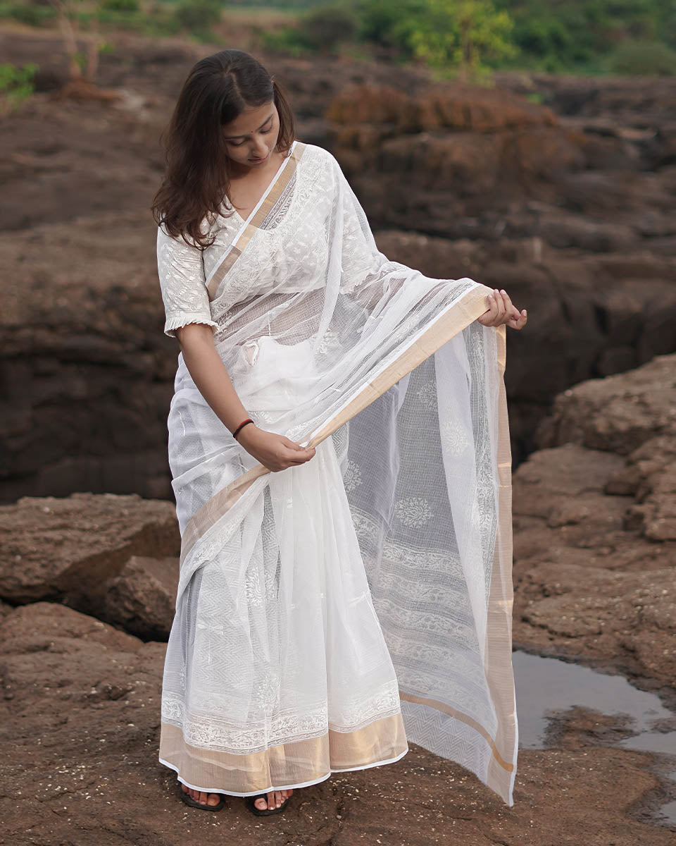 Cloudberry Kota Doria Ivory Block Printed Saree - SFD