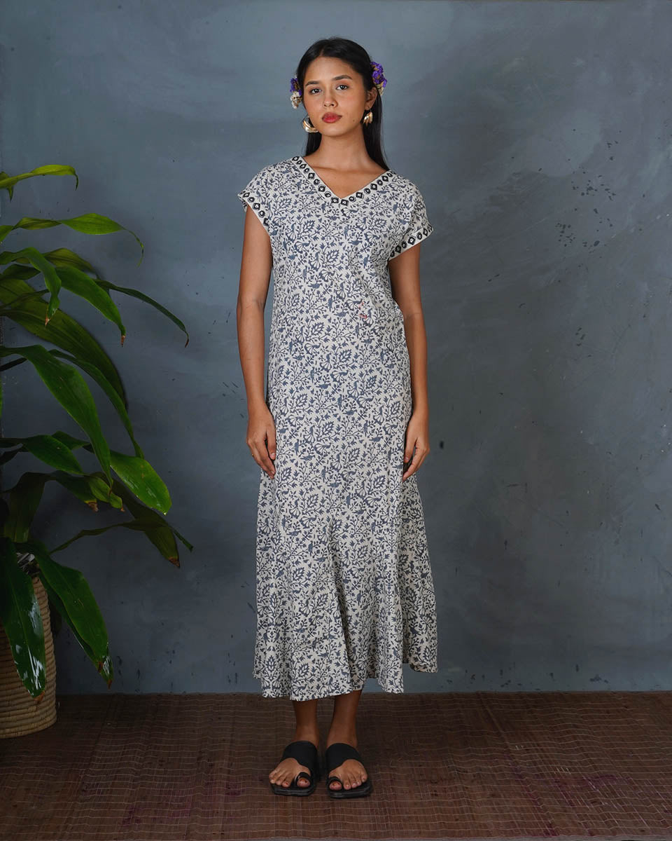 Buy Soft Rainy Afternoon Grey Block Printed Cotton Dress