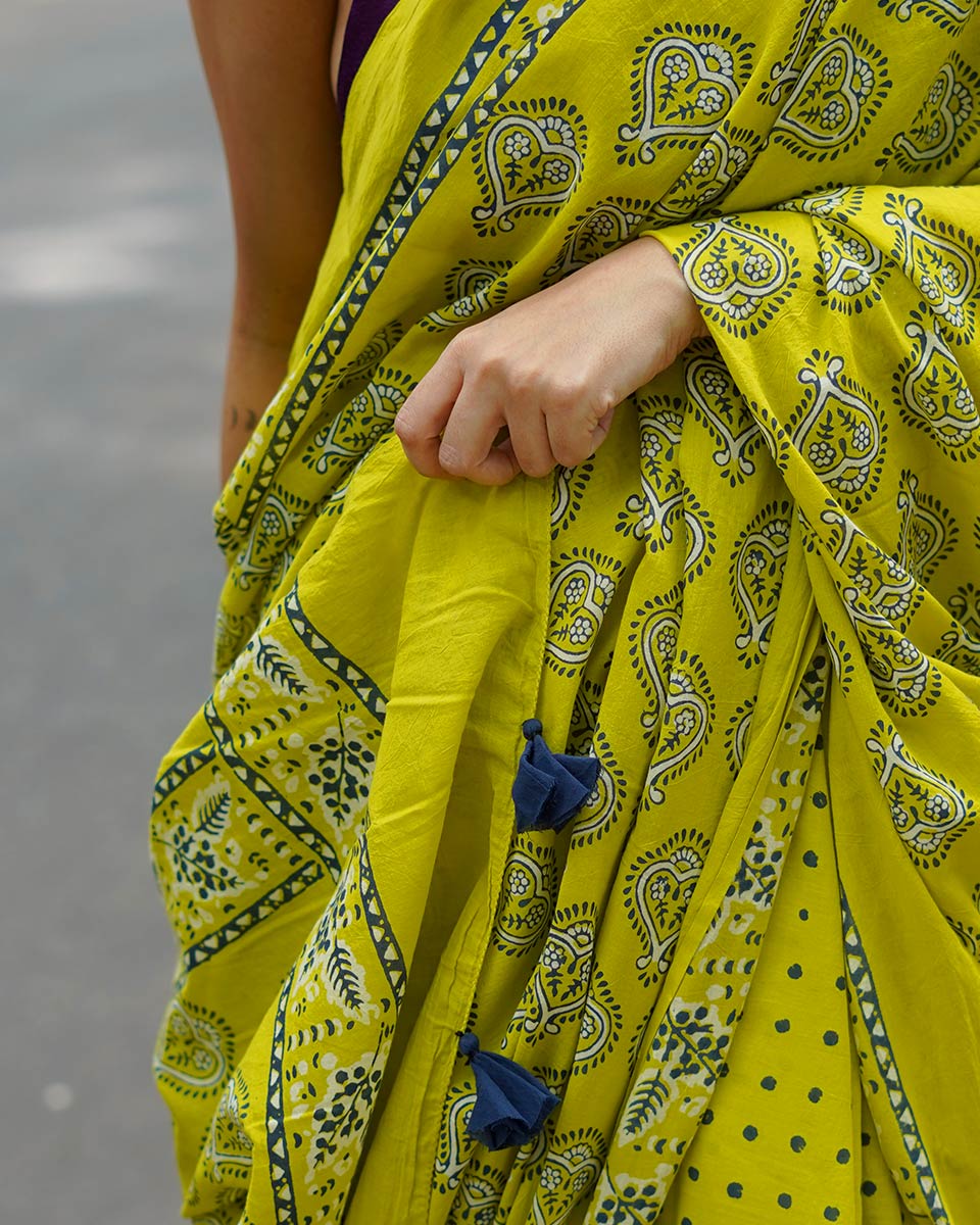Kaccha Aam Toffee Yellow Handblock Print Cotton Saree - PBC