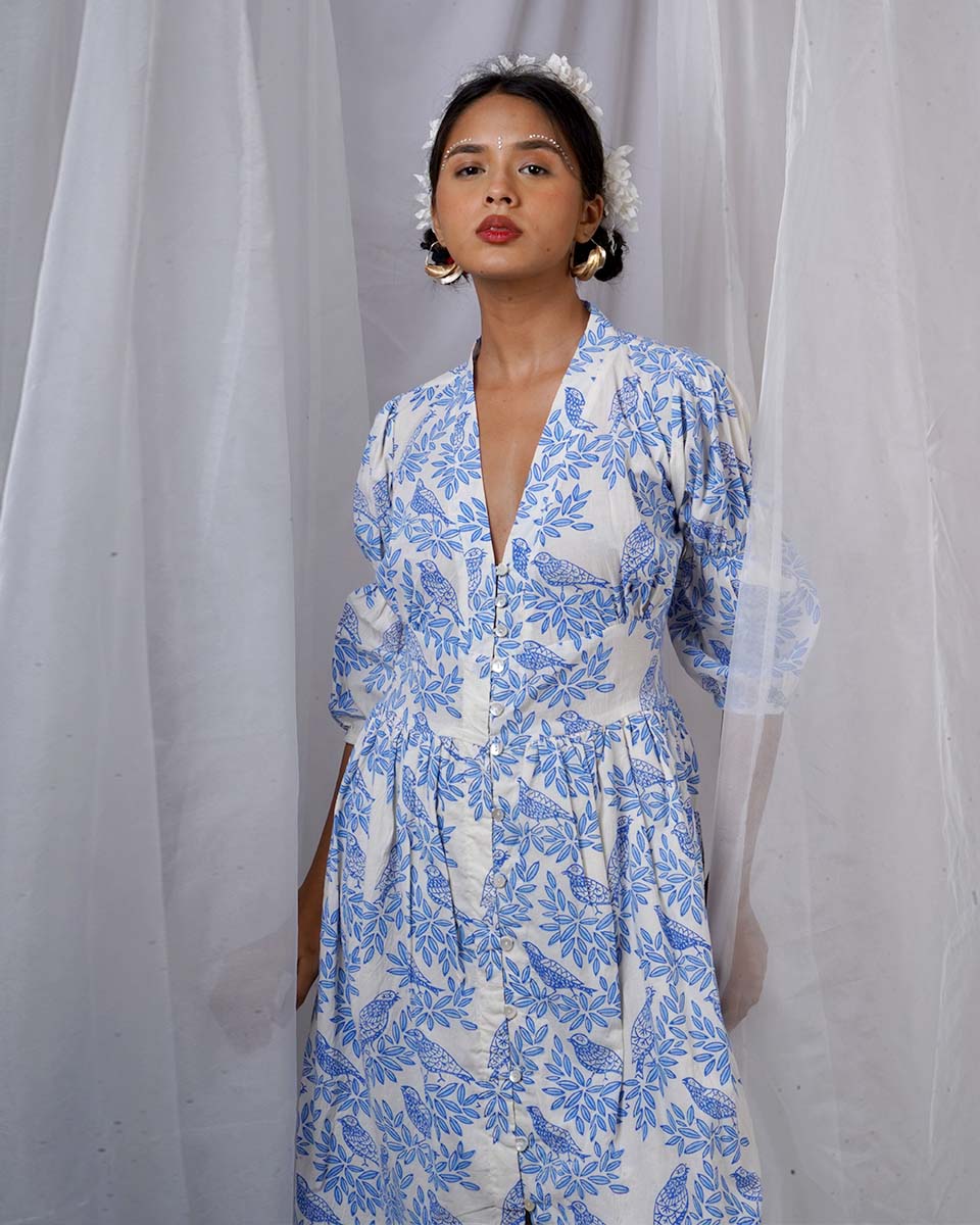 Neyra Ivory Blue Hand Block Printed Dress-BAD