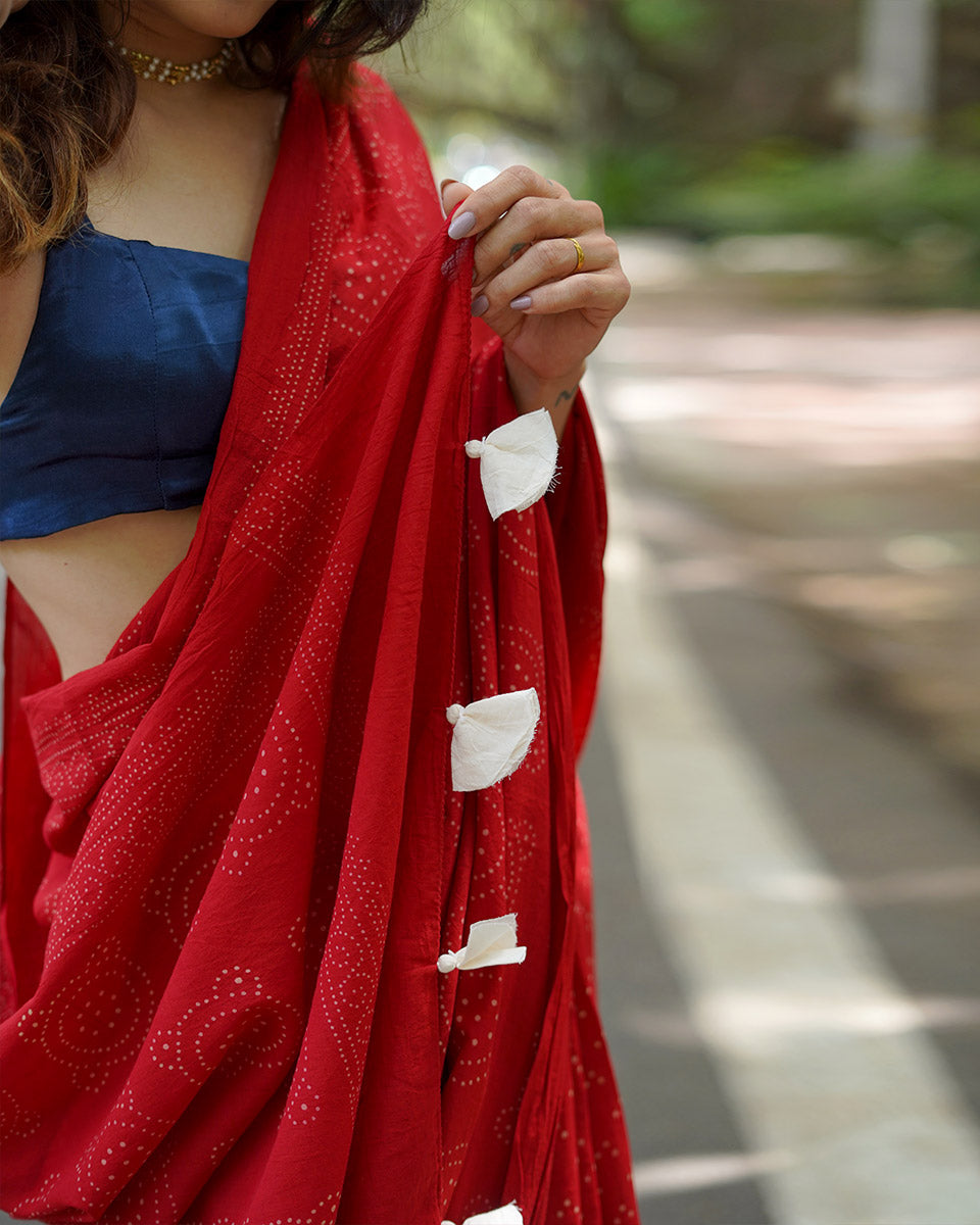 Raspberry Custard Red Handblock Print Cotton Saree - PBC