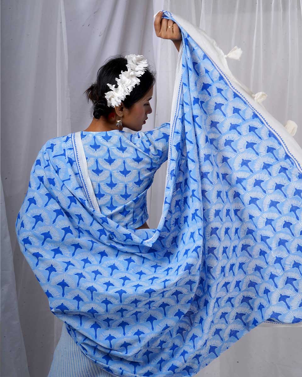 Maya Blue Hand Block Printed Saree-BAD