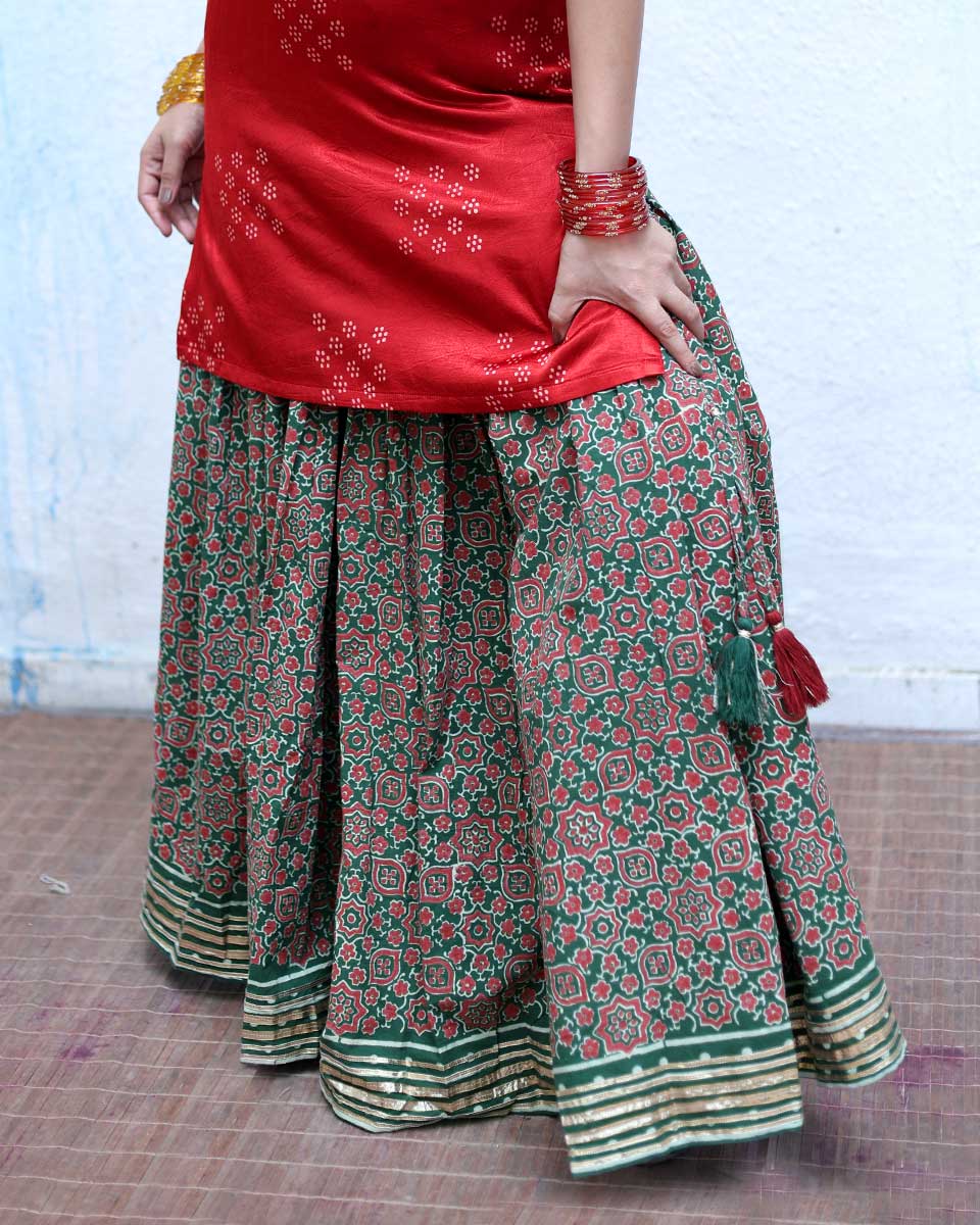 Jhilik Green Handblock Print Cotton Ghagra - RSH