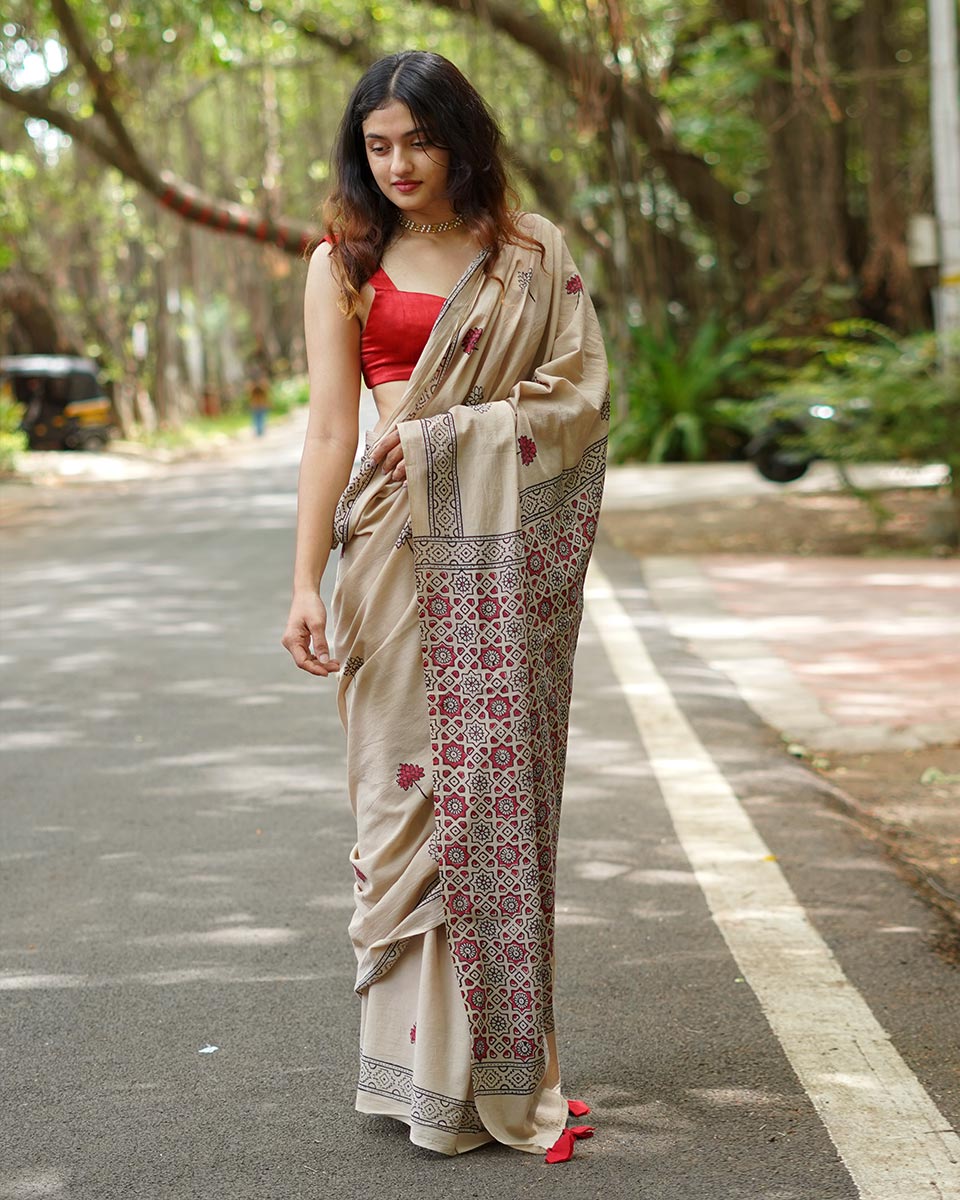 Coconut Chikki Beige Handblock Print Cotton Saree - PBC