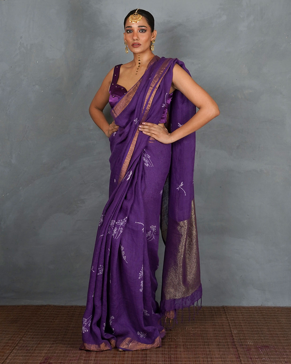 Noori Royal Purple Handblock Linen Saree - TARA