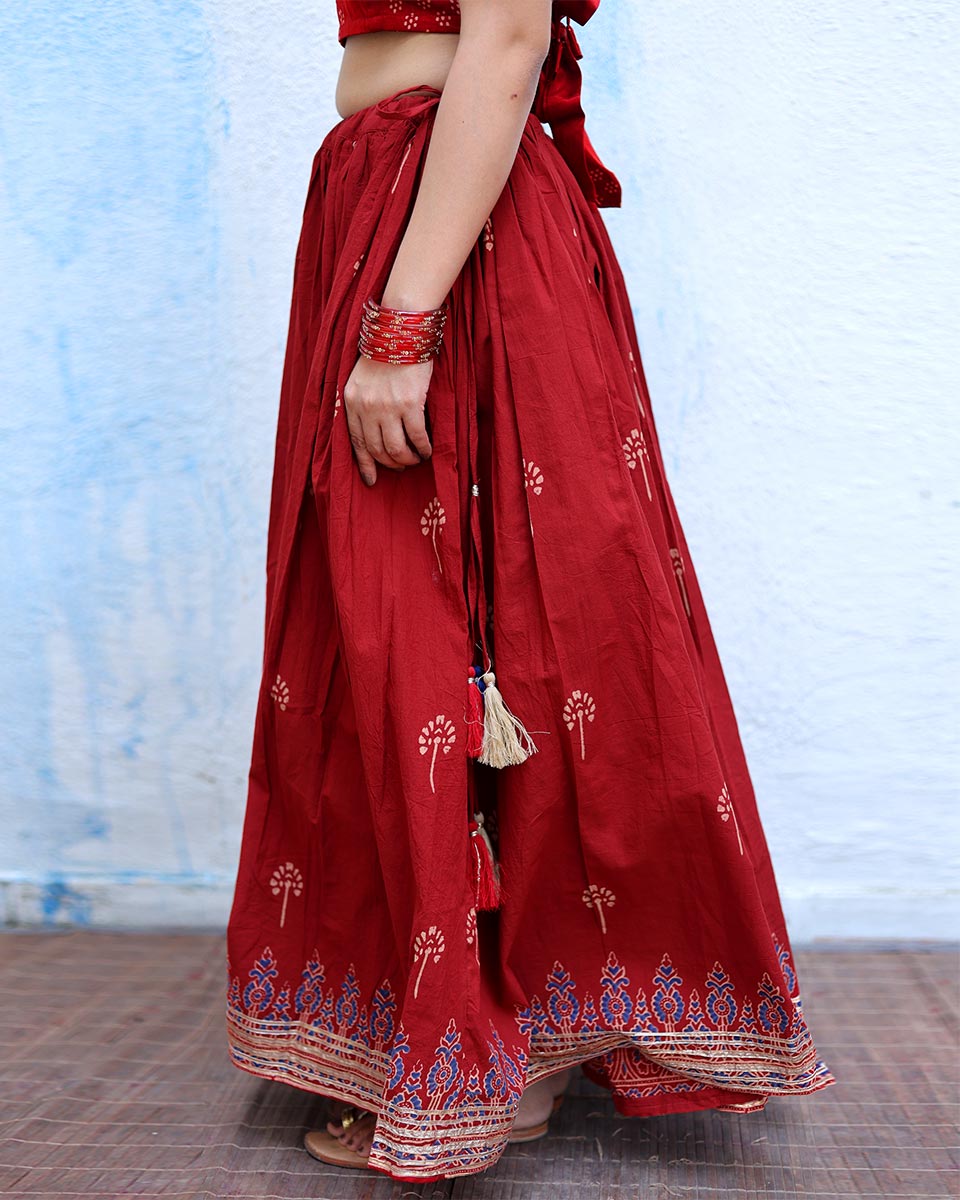 Jyotsna Red Handblock Print Cotton Ghagra - RSH
