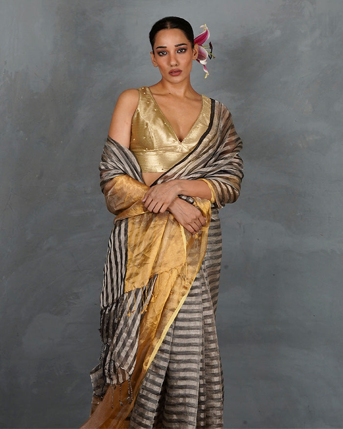 Burn Soft Silver With Black Strip Handwoven Linen Saree - TARA