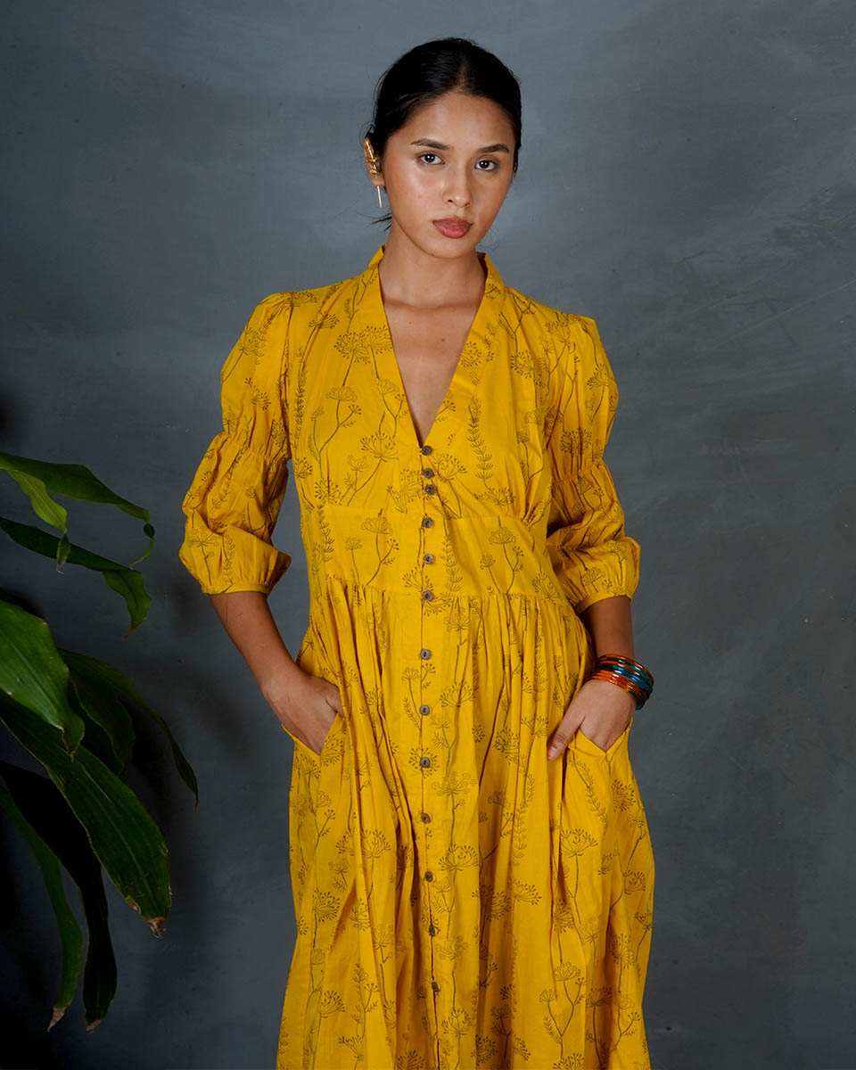 Ziya Yellow Hand Block Printed Dress-MYA