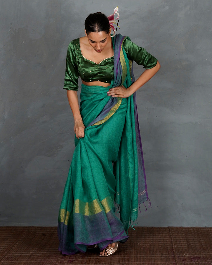 Shimmer On Green Handwoven Linen Saree - TARA