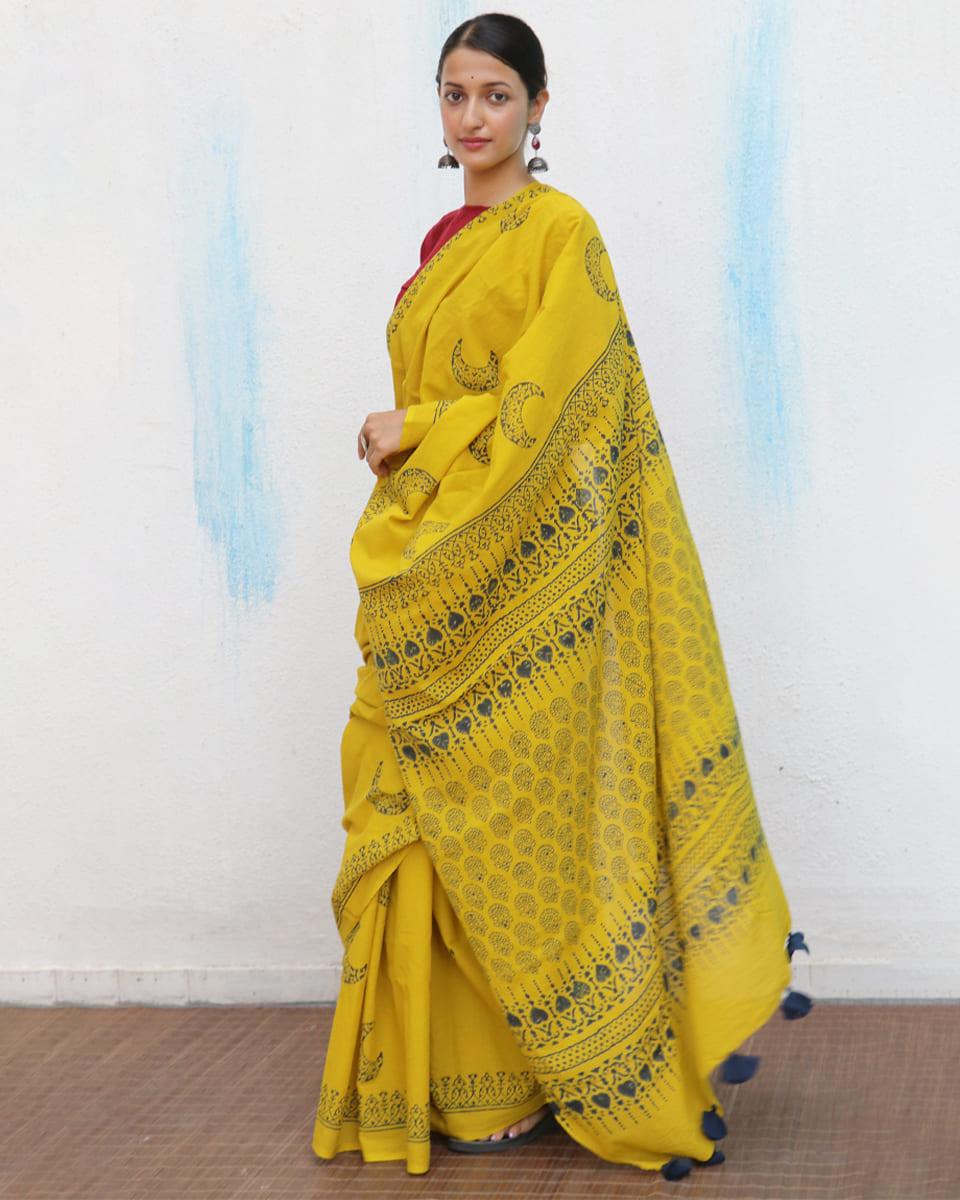 Daisy Handblockprinted Cotton Saree - Fmtm