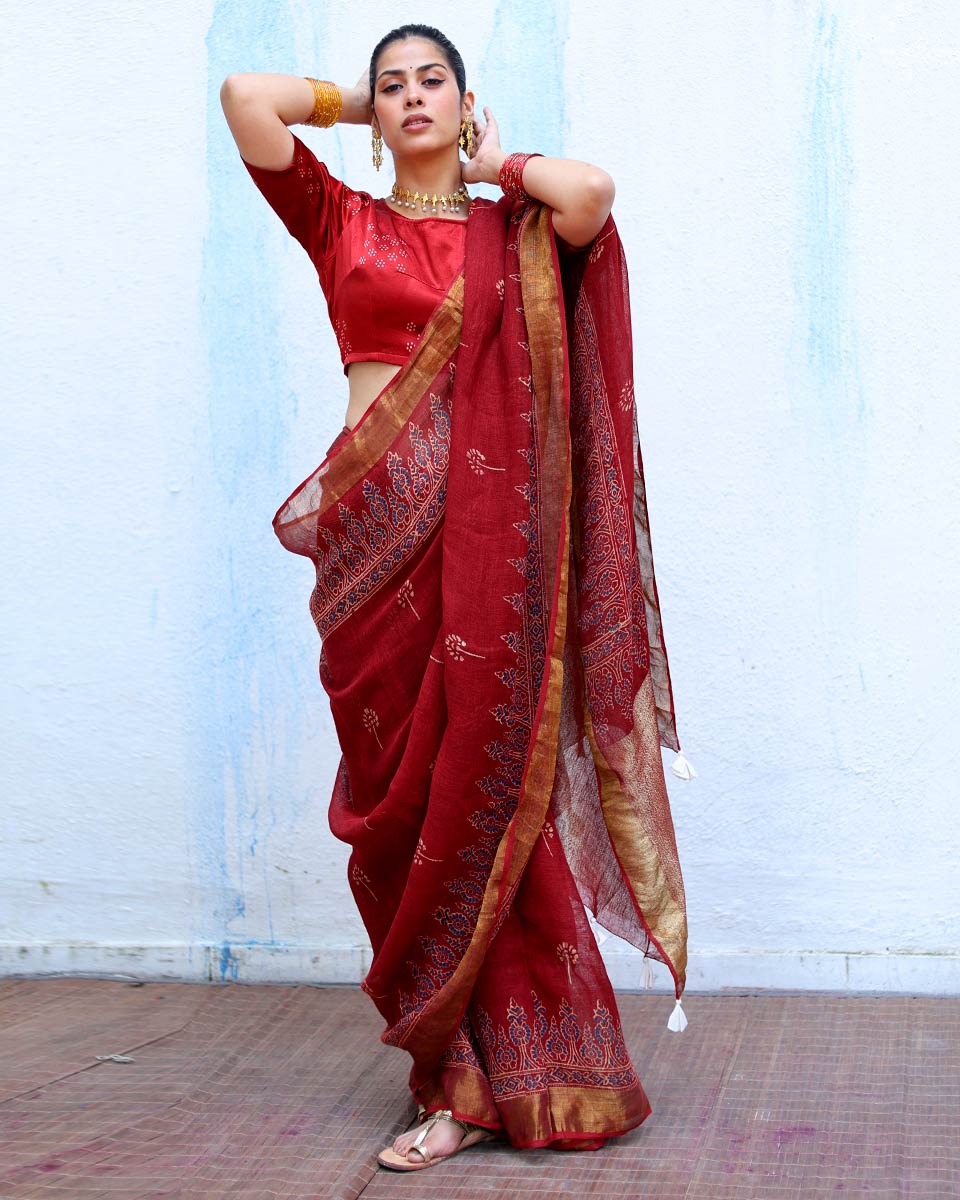 Nayyir Maroon Handblock Print Linen Saree - RSH