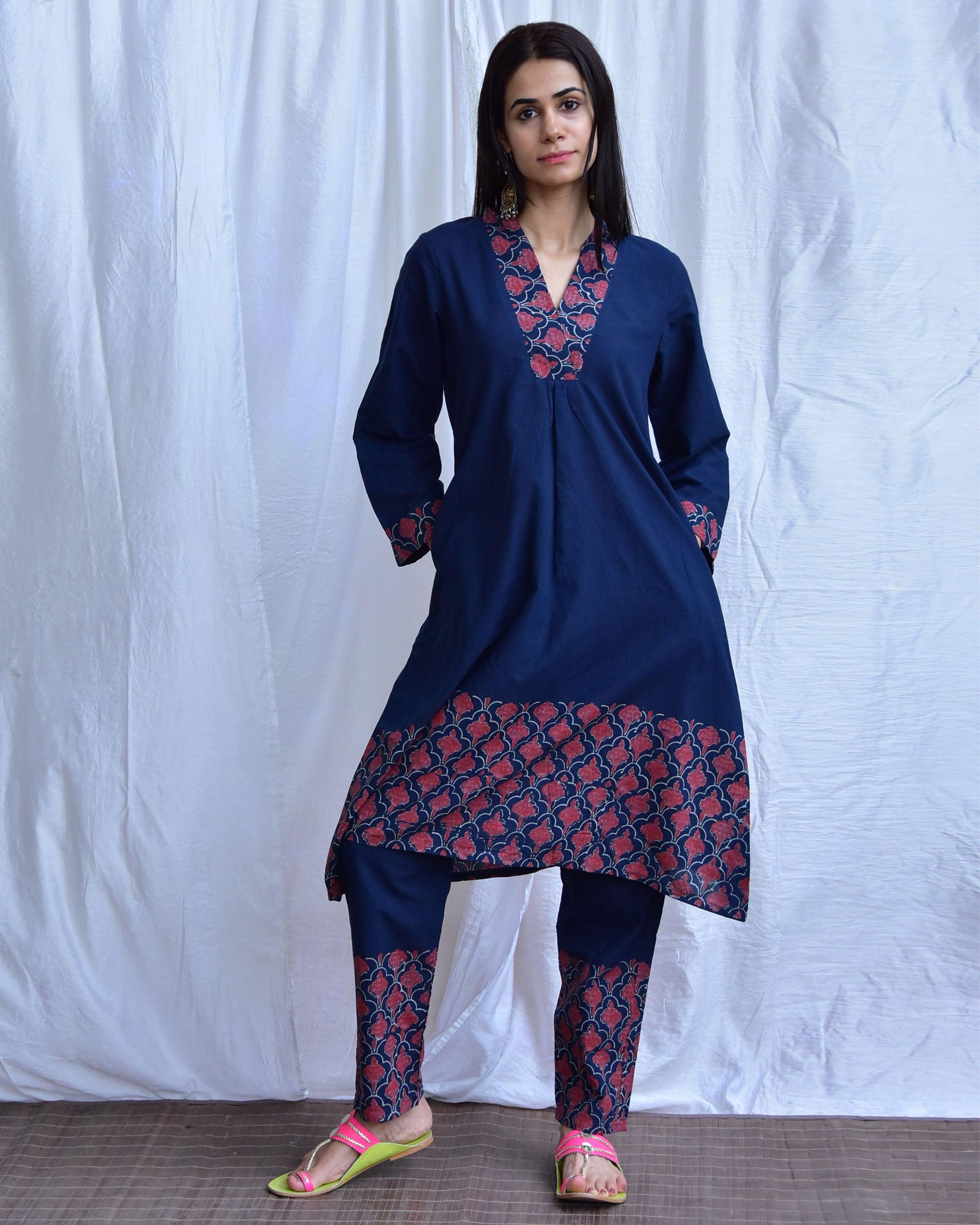 Starry Bloom Blue Hand block printed Cotton Kurta - LD