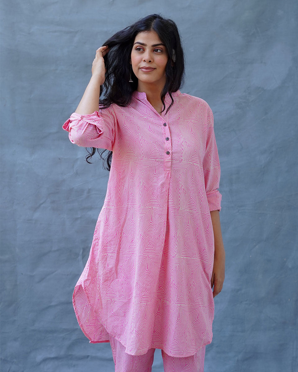 Radiant Roses Blush Pink Block Printed Kurta Set - MMG