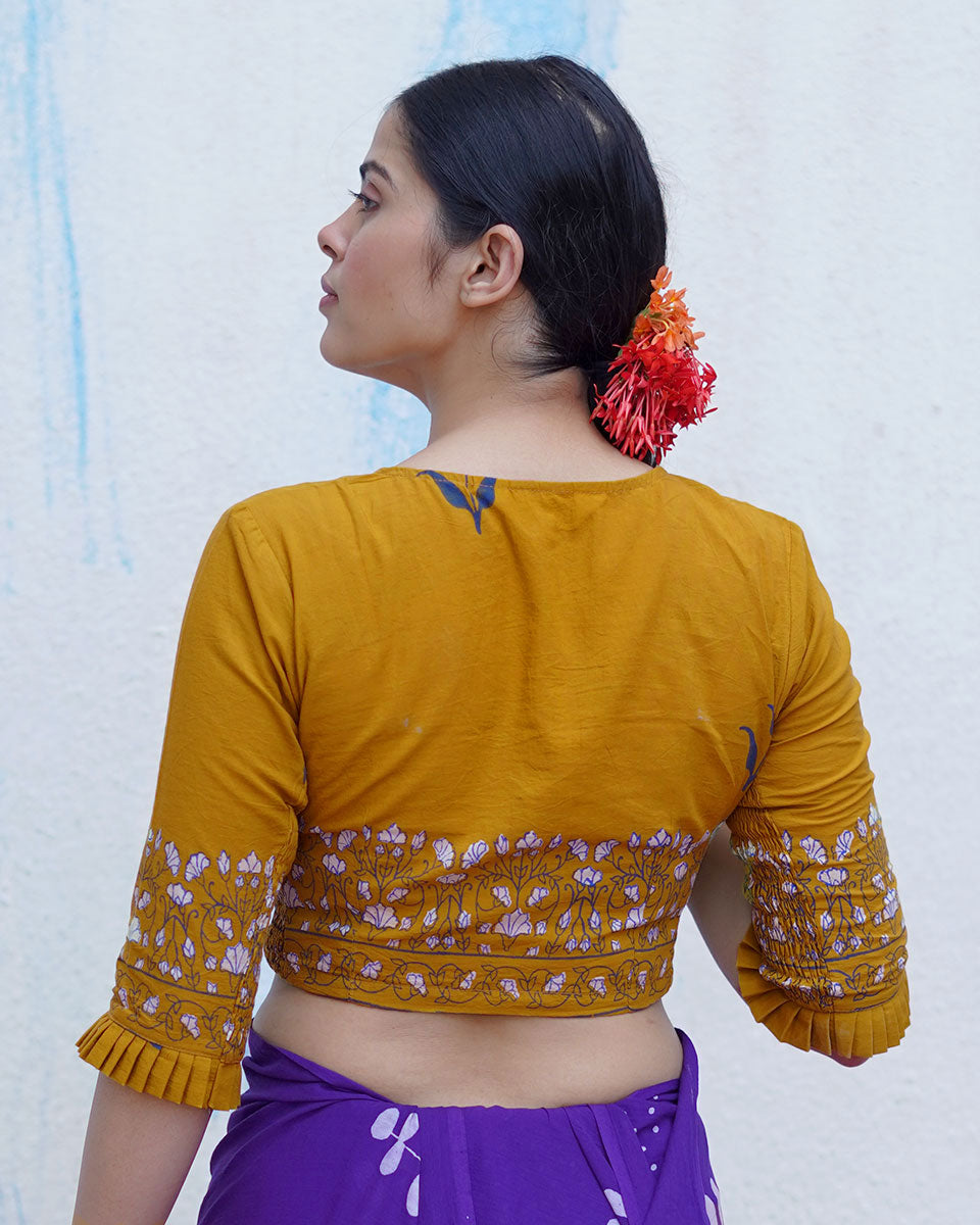 Pankhi Mustard Yellow Handblock Print Cotton Blouse - BFG