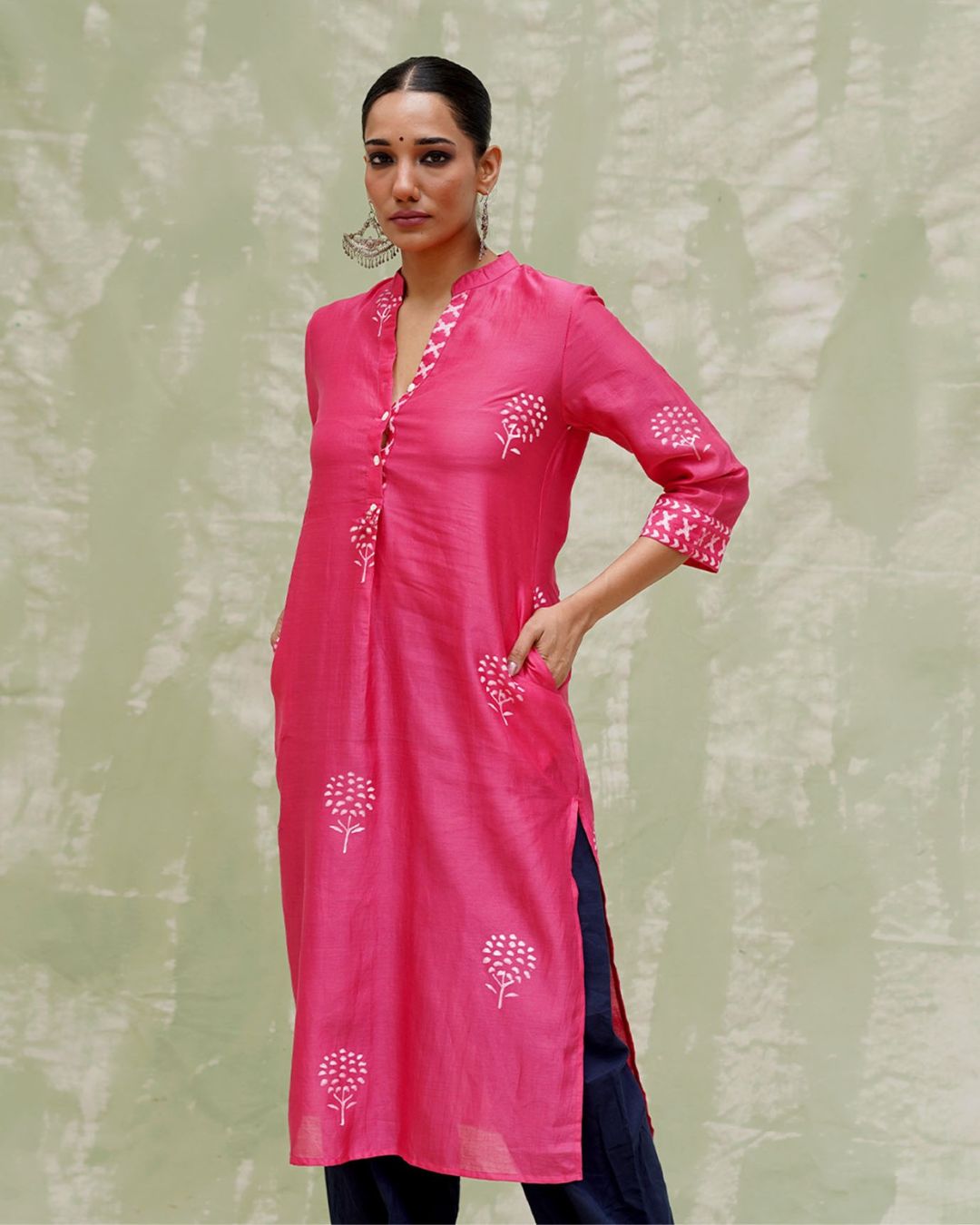 Rang Reet Pink Handblock Printed Chanderi Silk Kurti - CHD