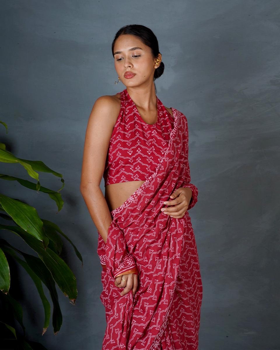 Roopika Red Hand Block Printed Saree-MYA