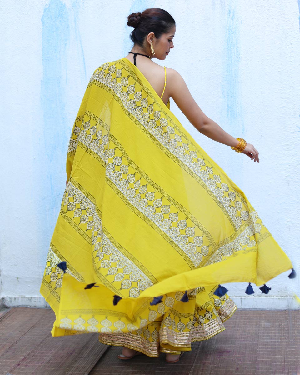 Mehruma Yellow Handblock Print Cotton Dupatta - RSH