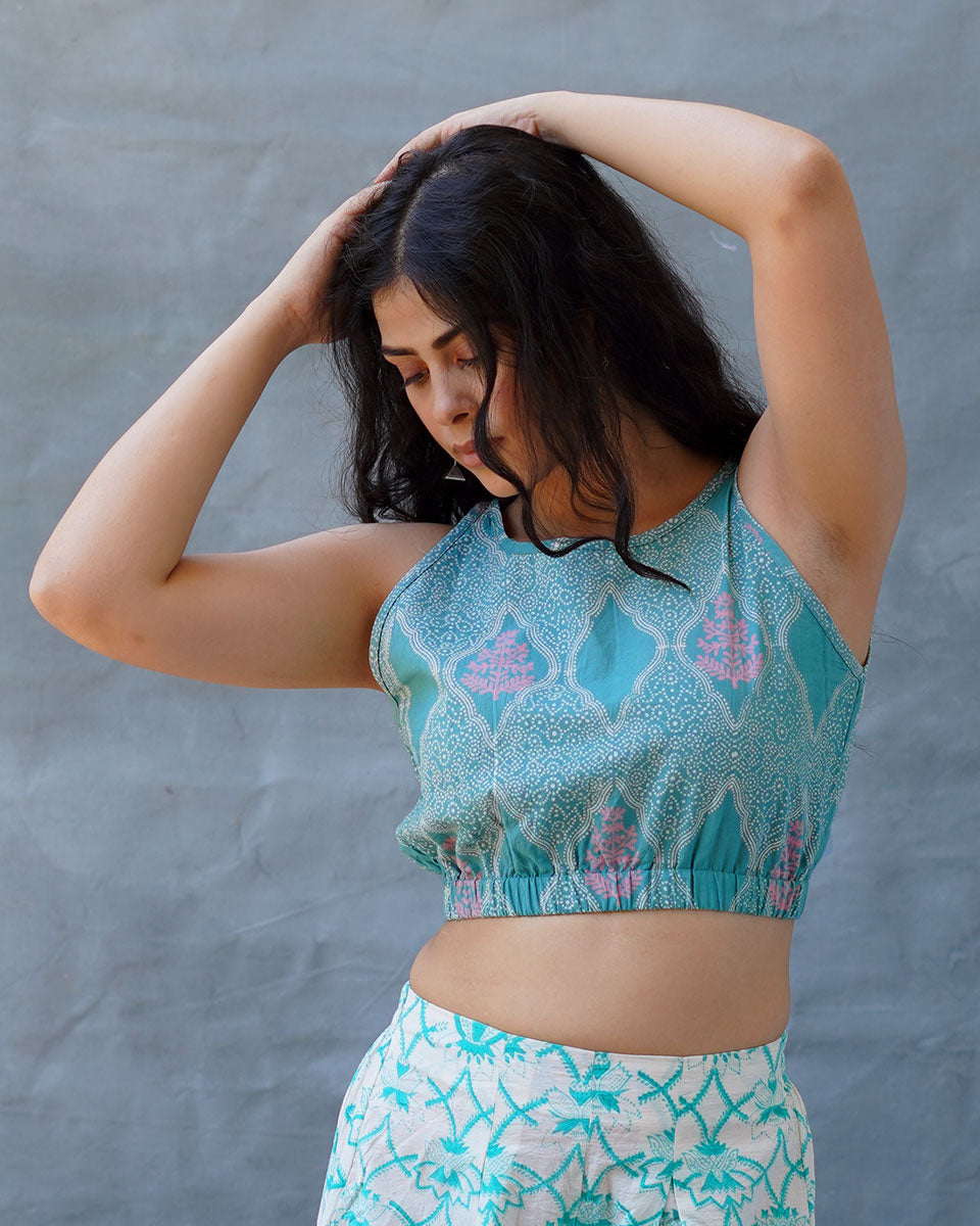 Dewy Daffodils Teal Green Block Printed Blouse - MMG