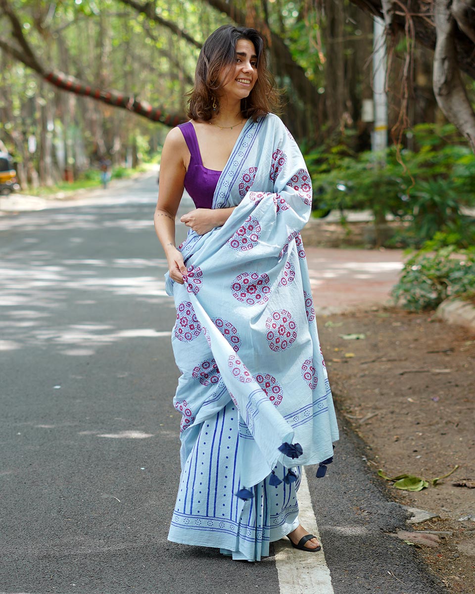 Blueberry Cream Sky Blue Handblock Print Cotton Saree - PBC