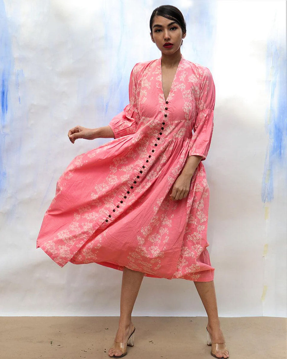 Pink Handprinted Front Open Pure Cotton Dress -Skd