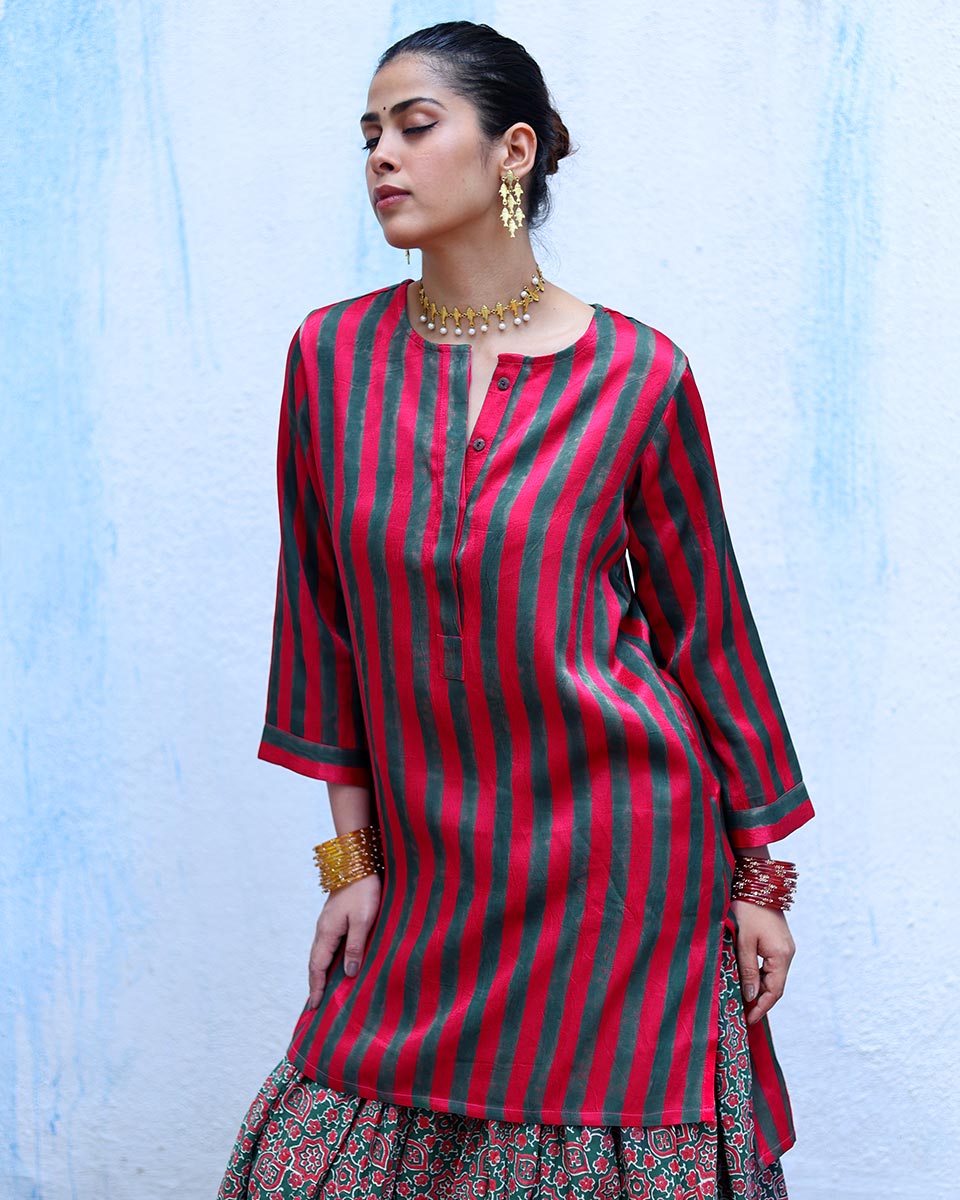 Kaumudi Red Handblock Print Mashru Silk Kurta - RSH